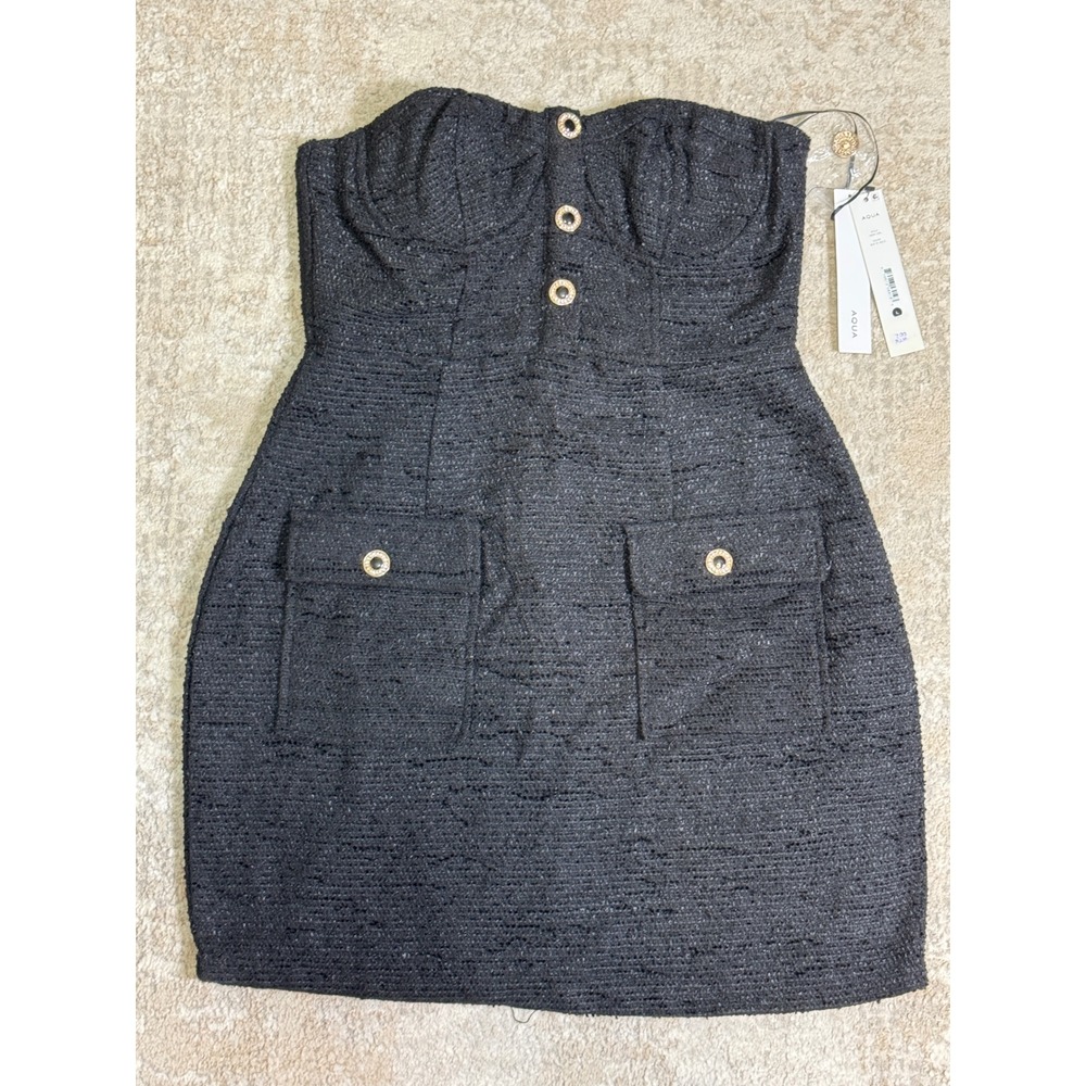 AQUA Black Sparkle Tweed Strapless Dress With Gold Button Pockets Size L